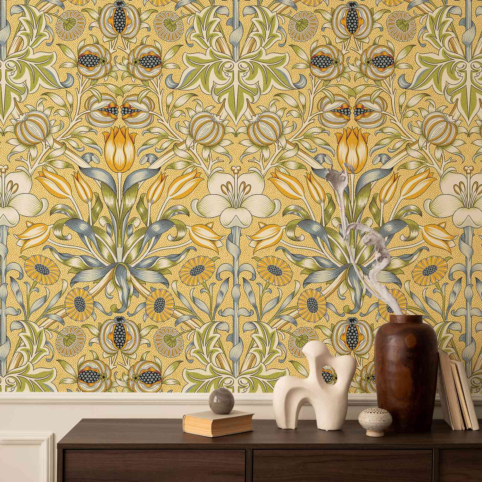 Herbal Wallpaper - ورق جدران لاصق بتصميم زنبق ورمان،